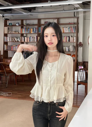Lemonyl muffler puff square neck slim frill chiffon long sleeve blouse set