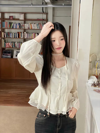 Lemonyl muffler puff square neck slim frill chiffon long sleeve blouse set
