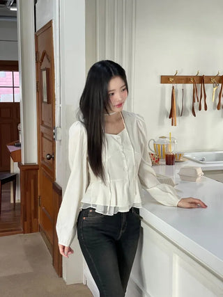 Lemonyl muffler puff square neck slim frill chiffon long sleeve blouse set