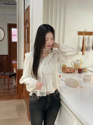 Lemonyl muffler puff square neck slim frill chiffon long sleeve blouse set