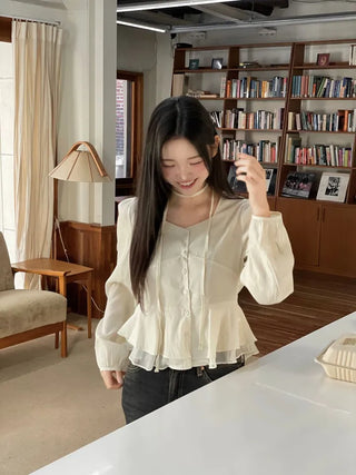 Lemonyl muffler puff square neck slim frill chiffon long sleeve blouse set