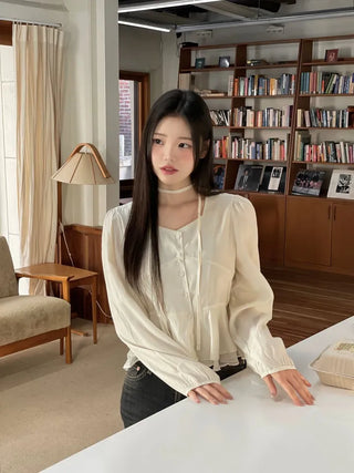 Lemonyl muffler puff square neck slim frill chiffon long sleeve blouse set