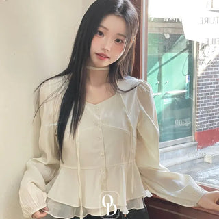 Lemonyl muffler puff square neck slim frill chiffon long sleeve blouse set