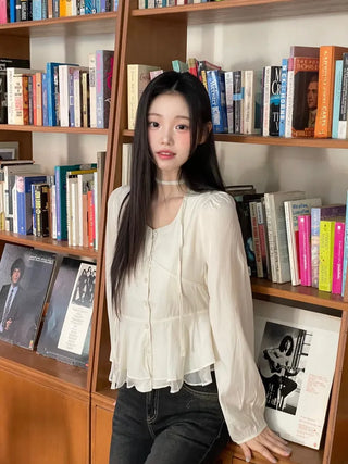 Lemonyl muffler puff square neck slim frill chiffon long sleeve blouse set