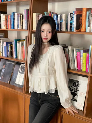 Lemonyl muffler puff square neck slim frill chiffon long sleeve blouse set