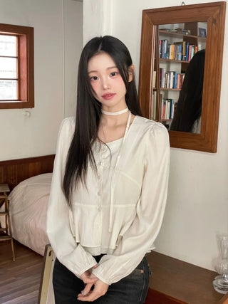Lemonyl muffler puff square neck slim frill chiffon long sleeve blouse set