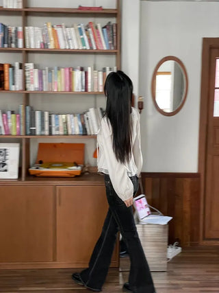 Lemonyl muffler puff square neck slim frill chiffon long sleeve blouse set
