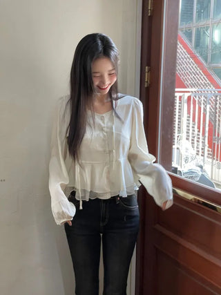 Lemonyl muffler puff square neck slim frill chiffon long sleeve blouse set