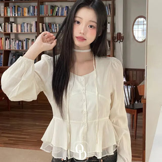 Lemonyl muffler puff square neck slim frill chiffon long sleeve blouse set