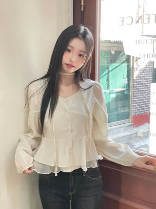 Lemonyl muffler puff square neck slim frill chiffon long sleeve blouse set