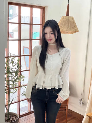 Lemonyl muffler puff square neck slim frill chiffon long sleeve blouse set