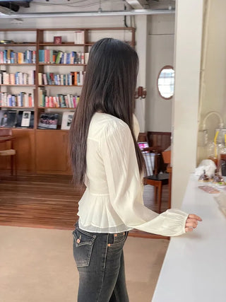 Lemonyl muffler puff square neck slim frill chiffon long sleeve blouse set