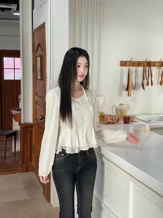 Lemonyl muffler puff square neck slim frill chiffon long sleeve blouse set