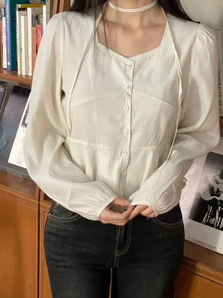 Lemonyl muffler puff square neck slim frill chiffon long sleeve blouse set