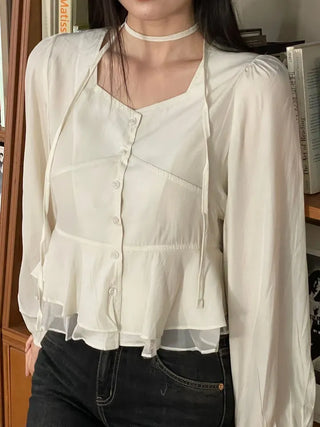 Lemonyl muffler puff square neck slim frill chiffon long sleeve blouse set