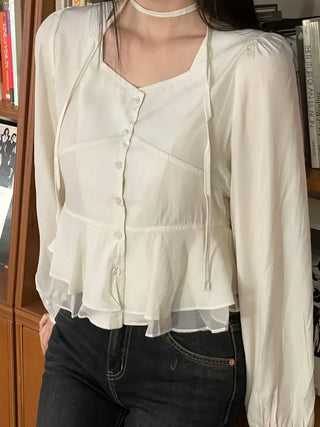 Lemonyl muffler puff square neck slim frill chiffon long sleeve blouse set