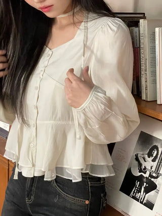 Lemonyl muffler puff square neck slim frill chiffon long sleeve blouse set
