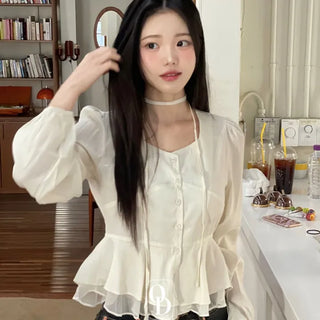Lemonyl muffler puff square neck slim frill chiffon long sleeve blouse set