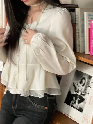 Lemonyl muffler puff square neck slim frill chiffon long sleeve blouse set