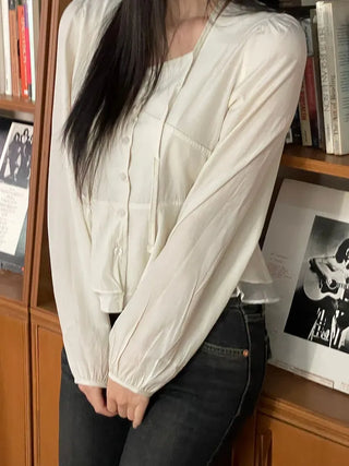 Lemonyl muffler puff square neck slim frill chiffon long sleeve blouse set