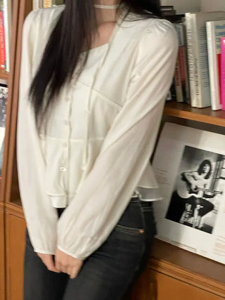 Lemonyl muffler puff square neck slim frill chiffon long sleeve blouse set