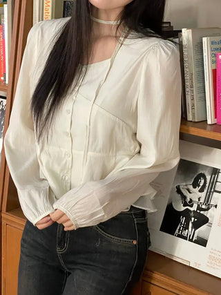 Lemonyl muffler puff square neck slim frill chiffon long sleeve blouse set