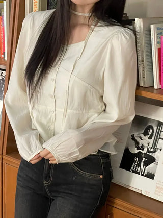Lemonyl muffler puff square neck slim frill chiffon long sleeve blouse set