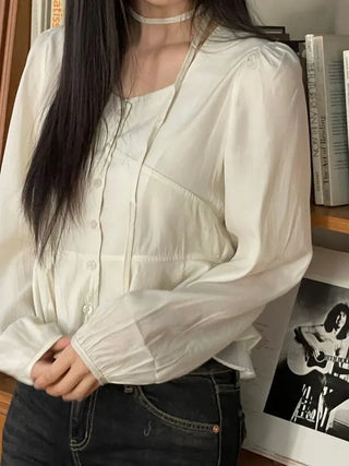 Lemonyl muffler puff square neck slim frill chiffon long sleeve blouse set