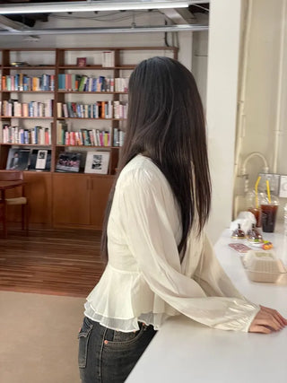Lemonyl muffler puff square neck slim frill chiffon long sleeve blouse set