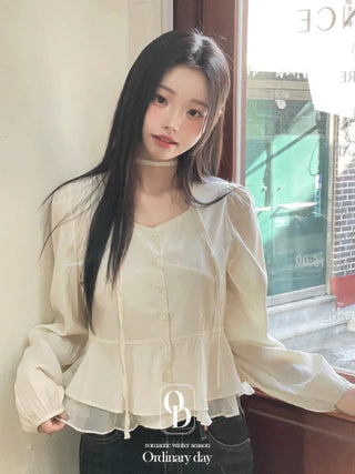 Lemonyl muffler puff square neck slim frill chiffon long sleeve blouse set