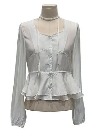 Lemonyl muffler puff square neck slim frill chiffon long sleeve blouse set