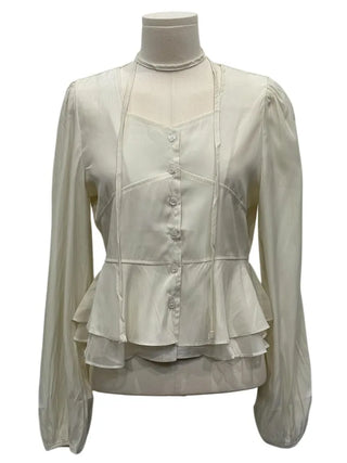 Lemonyl muffler puff square neck slim frill chiffon long sleeve blouse set