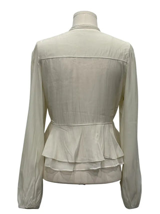 Lemonyl muffler puff square neck slim frill chiffon long sleeve blouse set