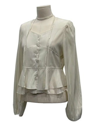 Lemonyl muffler puff square neck slim frill chiffon long sleeve blouse set