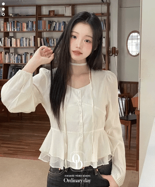 Lemonyl muffler puff square neck slim frill chiffon long sleeve blouse set