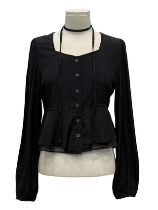 Lemonyl muffler puff square neck slim frill chiffon long sleeve blouse set