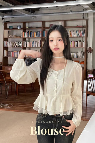 Lemonyl muffler puff square neck slim frill chiffon long sleeve blouse set