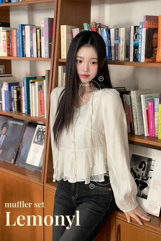 Lemonyl muffler puff square neck slim frill chiffon long sleeve blouse set