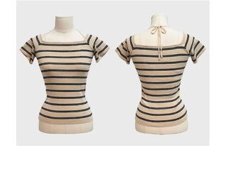 Pure Butter Halter Neck Slim Fit Striped Square Neck Short Sleeve Ribbed Short Sleeve Knit