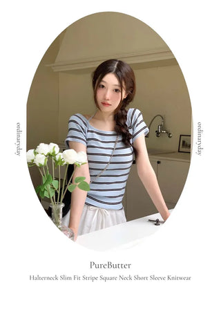 Pure Butter Halter Neck Slim Fit Striped Square Neck Short Sleeve Ribbed Short Sleeve Knit