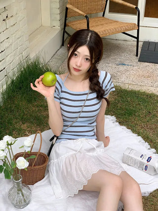 Pure Butter Halter Neck Slim Fit Striped Square Neck Short Sleeve Ribbed Short Sleeve Knit