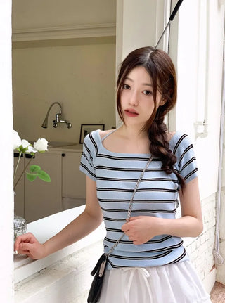 Pure Butter Halter Neck Slim Fit Striped Square Neck Short Sleeve Ribbed Short Sleeve Knit