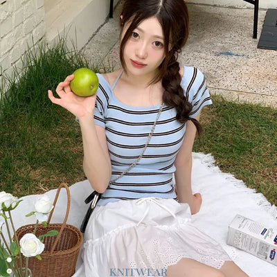 Pure Butter Halter Neck Slim Fit Striped Square Neck Short Sleeve Ribbed Short Sleeve Knit