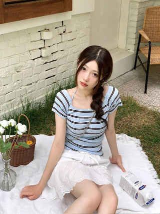 Pure Butter Halter Neck Slim Fit Striped Square Neck Short Sleeve Ribbed Short Sleeve Knit