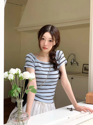 Pure Butter Halter Neck Slim Fit Striped Square Neck Short Sleeve Ribbed Short Sleeve Knit