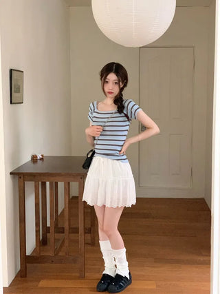 Pure Butter Halter Neck Slim Fit Striped Square Neck Short Sleeve Ribbed Short Sleeve Knit