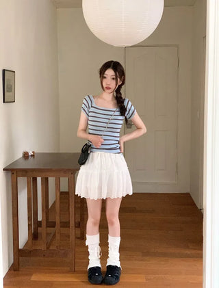 Pure Butter Halter Neck Slim Fit Striped Square Neck Short Sleeve Ribbed Short Sleeve Knit