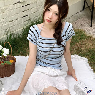 Pure Butter Halter Neck Slim Fit Striped Square Neck Short Sleeve Ribbed Short Sleeve Knit