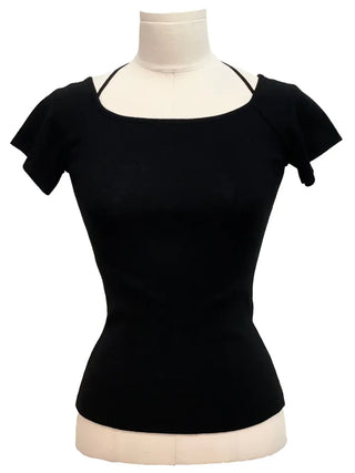 Pure Butter Halter Neck Slim Fit Striped Square Neck Short Sleeve Ribbed Short Sleeve Knit