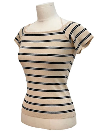Pure Butter Halter Neck Slim Fit Striped Square Neck Short Sleeve Ribbed Short Sleeve Knit